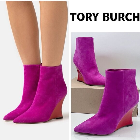 Tory Burch Women's Sculpted Wedge Heel Ankle Boot Bootie Fuchsia Pink Suede US 7 - Picture 1 of 13